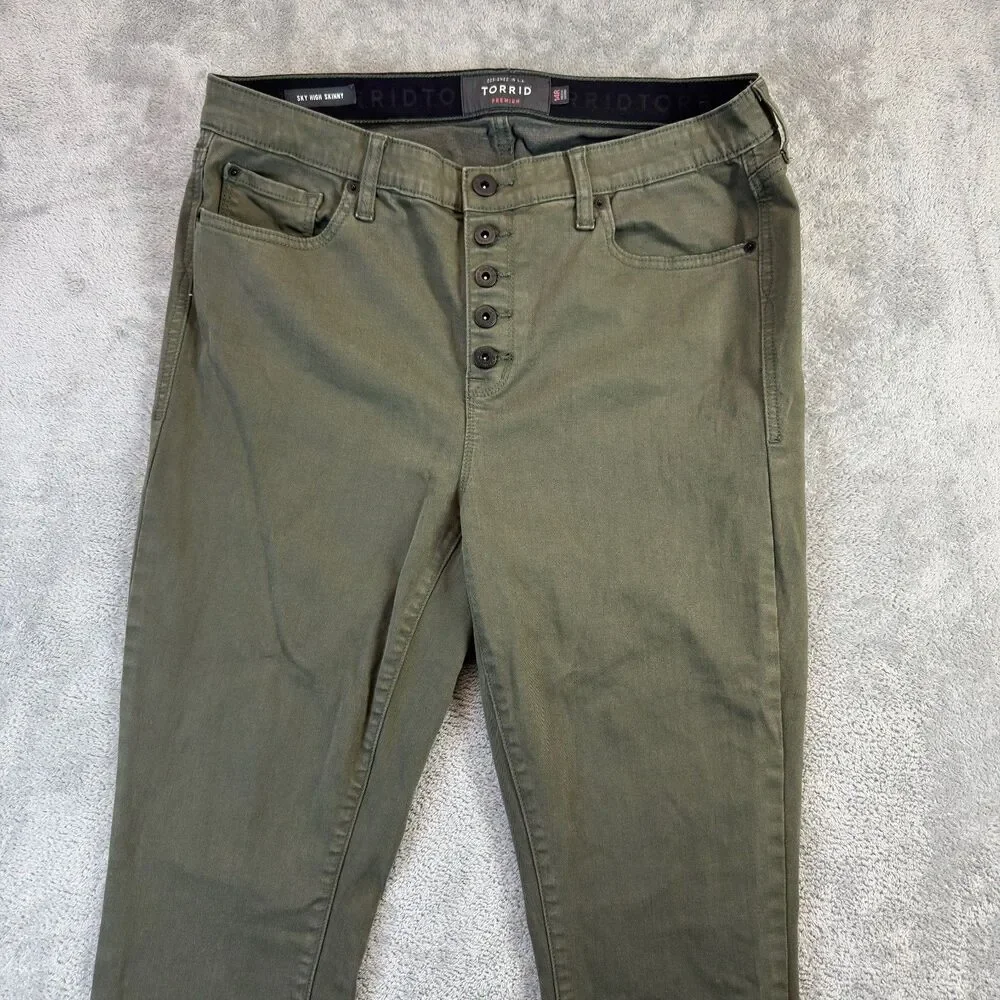 Torrid Jeans Womens 14R Olive Green Sky High Skinny Button Fly Stretch Regular
